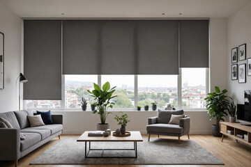 Gray blackout roller blind on windows in stylish modern living room. Shutters on the plastic window.