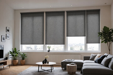 Gray blackout roller blind on windows in stylish modern living room. Shutters on the plastic window.