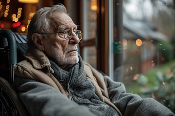 Contemplative senior man sitting in wheelchair at home - obrazy, fototapety, plakaty