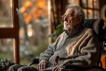 Contemplative senior man sitting in wheelchair at home
