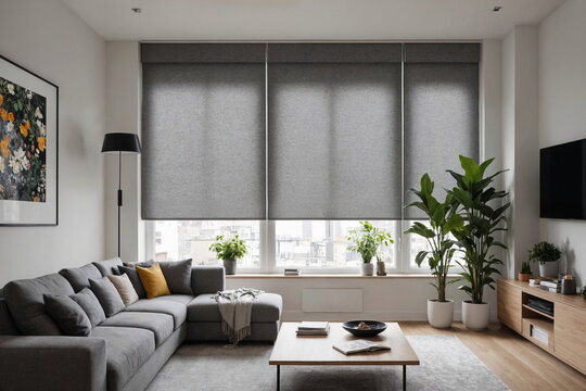 Gray blackout roller blind on windows in stylish modern living room. Shutters on the plastic window.