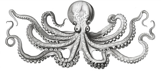 Vintage engraved illustration of an octopus (Octopus vulgaris). The highly detailed monochromatic artwork features the marine creature with its tentacles spread