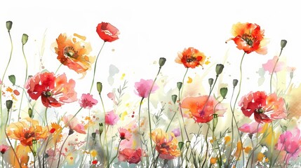 Watercolor painting of vibrant poppies and wildflowers on a clean white background