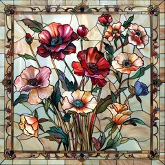 Stained glass window background with colorful Flower and Leaf abstract.	