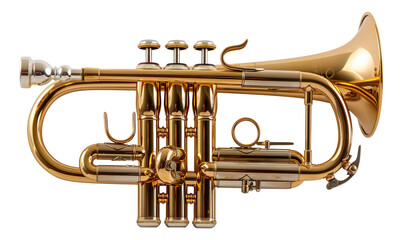 Shiny brass trumpet, cut out - stock png.