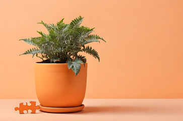 Fototapeta premium A plant is growing on a jigsaw puzzle pot on orange background with copy space. Concept of pot plant jigsaw puzzle. House plants and gardening concept. Ecology concept. Find new solutions