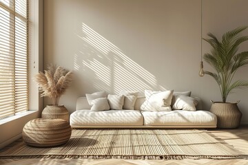 3d rendering mockup modern interior room design and decoration in beige and earth tone color wall...