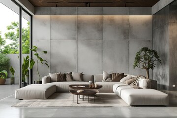 3D rendering of living room with concrete wall in modern house, Loft interior design