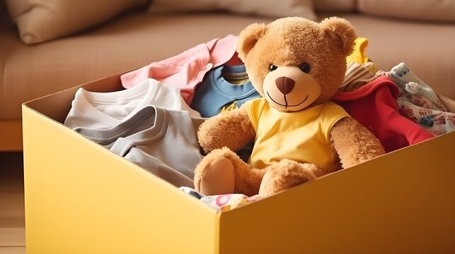 Caixa de doa&ccedil;&atilde;o com roupas usadas e boneca em casa para apoiar a ajuda aos pobres do mundo
