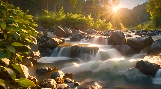 The tranquil mountain stream winds its way through the lush forest, its crystal clear waters reflecting the vibrant colors of the setting sun