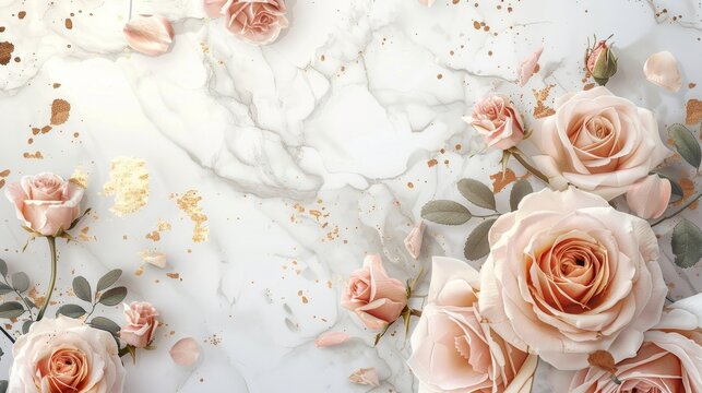 White Marble Background with Blush Pink Roses and Gold Leaf Accents