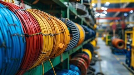 Wires and cables in coils, photos of cable production in the factory,  - obrazy, fototapety, plakaty