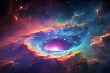 Colourful space galaxy cloud nebula in starry night cosmos outer space. Reflection surface with fractal nebula. Universe concept background. Universe science astronomy. 
