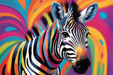 Fototapeta na wymiar Multicoloured abstract zebra stands out against splattered paint background. Perfect for banner, or poster, home decor, sticker. 