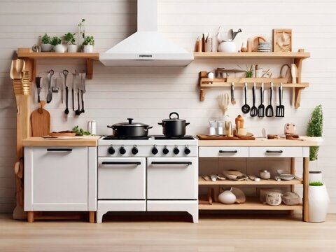 Wooden kitchen façade in apartment with modern interior, new furniture, gas stove, built in oven equipment, cooking hood, kitchenware generated by AI 