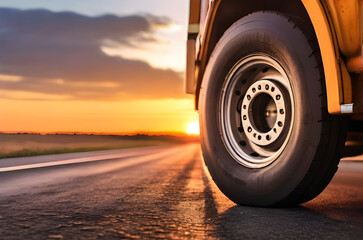 Macro shot of cargo shipping truck tires on the road at sunset. Fast delivery. Cargo logistics and freight shipping concept. Industry freight truck transportation. Auto service shop.