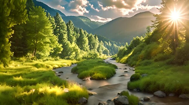 The tranquil mountain stream winds its way through the lush forest, its crystal clear waters reflecting the vibrant colors of the setting sun
