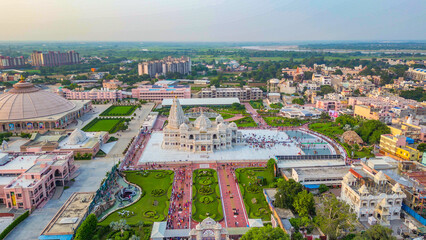 Aerial view Prem Mandir mathura, This Hindu temple in Vrindavan, Mathura, India. It is maintained...