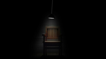 In a dimly lit interrogation room, a wooden chair illuminated by a single spotlight.