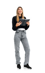 Inspired woman with notebook in hands, isolated over white background