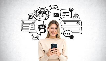 Smiling woman using smartphone and chat bot doodle with communication icons - obrazy, fototapety, plakaty
