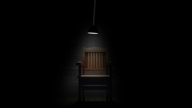 In a dimly lit interrogation room, a wooden chair illuminated by a single spotlight.
