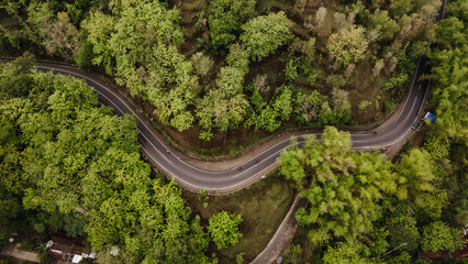 aerial view, asphalt road winding through forest and countryside.