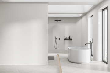 Fototapeta na wymiar Elegant stylish home bathroom interior with tub and shower, mock up wall