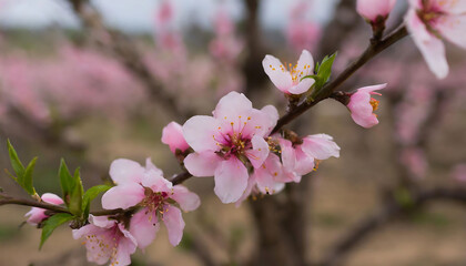 Obraz premium Peach flowers blooming on a branch with Nature Background. Spring is coming 