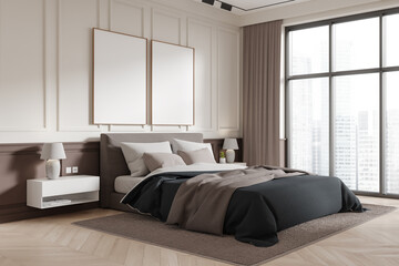 White and brown master bedroom interior with posters