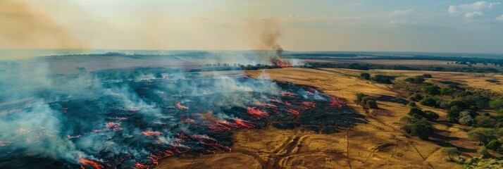 Grassland fields burn during dry season natural disasters. Climate change concept