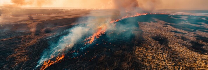 Grassland fields burn during dry season natural disasters. Climate change concept - obrazy, fototapety, plakaty