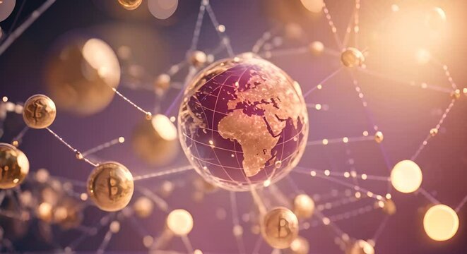 This image shows the global world network and telecommunication on earth, along with cryptocurrency and blockchain technology, as well as IoT