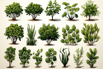 Obraz premium A set of a variety of leaves and bushes on a white background.