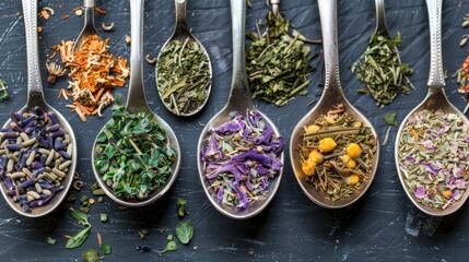 Top view of dried herbs in spoons