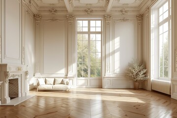 Cozy posh luxurious interior design of room without furniture with wooden classic parquet floor, tall ceiling, french windows, fireplace, white panel walls, parisian look. Background - obrazy, fototapety, plakaty