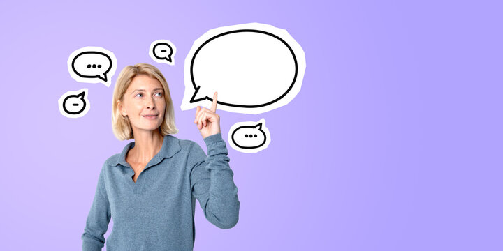 Woman pointing up and speech bubble