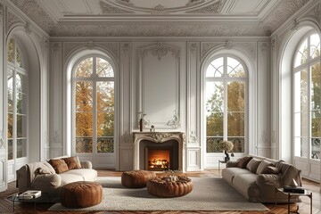 Cozy posh luxurious interior design of room without furniture with wooden classic parquet floor, tall ceiling, french windows, fireplace, white panel walls, parisian look. Background - obrazy, fototapety, plakaty
