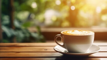 Obraz premium A steaming cup of latte art coffee resting on a wooden surface, surrounded by coffee beans and burlap, evoking a warm, cozy atmosphere