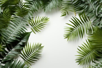 Fototapeta na wymiar Green fern leaves on white background, top view with copy space.