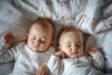 ベッドで寝る2人の赤ちゃん