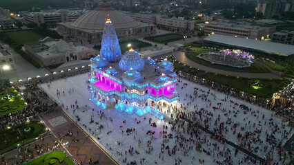 Aerial view Prem Mandir mathura, This Hindu temple in Vrindavan, Mathura, India. It is maintained...