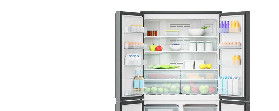 White opened double door modern fridge with food on empty background