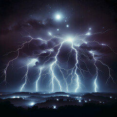 lightning in the night sky   lightning, storm, thunder, sky, electricity, weather, bolt, flash, thunderstorm, blue, power, night, abstract, electric, rain, light, strike, nature, Ai generated 