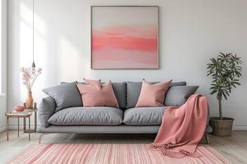 Fototapeta na wymiar Grey sofa with pink pillows and blanket against white wall with abstract art poster. Interior design of modern living room. Created with