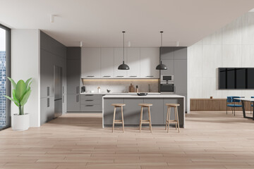 White and gray kitchen interior with table and island