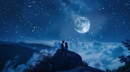 Moonlit Romance. Embracing Love Beneath the Starry Mountain Sky.