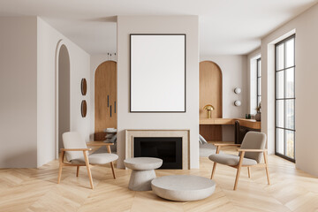 White living room interior with armchairs. fireplace and poster