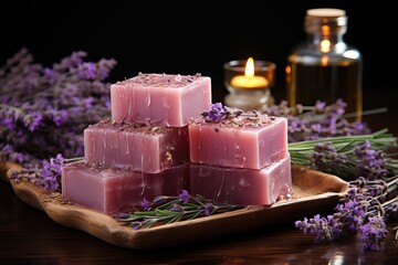 Obraz na płótnie Canvas Lavender aroma soap cut and lying on a wooden board with fresh lavender flowers, aromatherapy with lavender flowers.