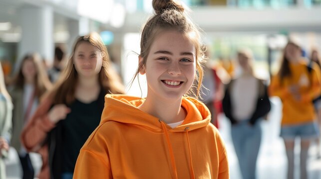 Vibrant Campus Life. Smiling Young Woman in Modern Orange Hoodie Stands Amid University Bustle, Ready to Conquer the Day.